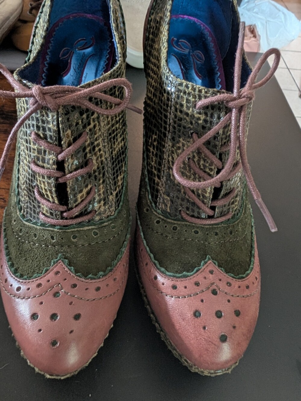 Poetic License Wedge Oxford Shoes in Olive Green & Dusty Rose